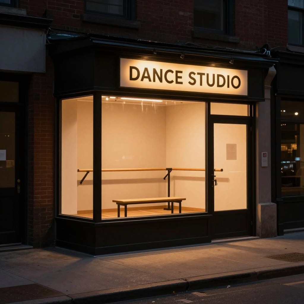A quiet city street corner storefront at night with a lit dance studio sign, mirrored interior visible through the window