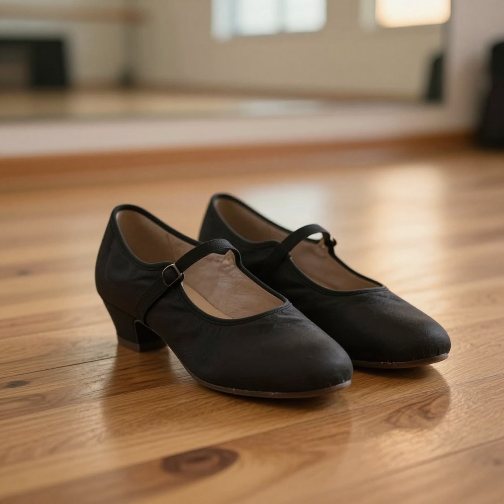 A close-up of empty dance shoes resting on the studio's wood-plank floor, mirrored wall faintly visible behind