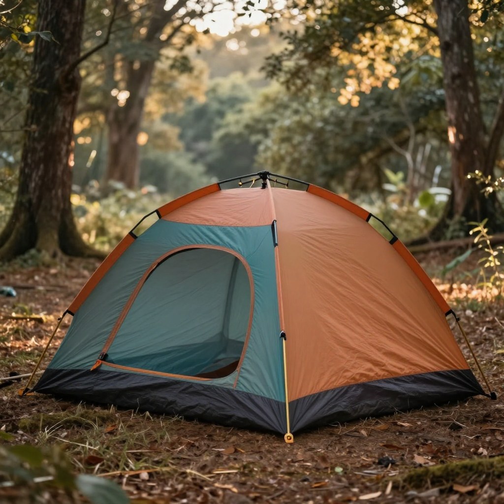 A two-person tent pitched alone in a quiet forest clearing, soft morning light