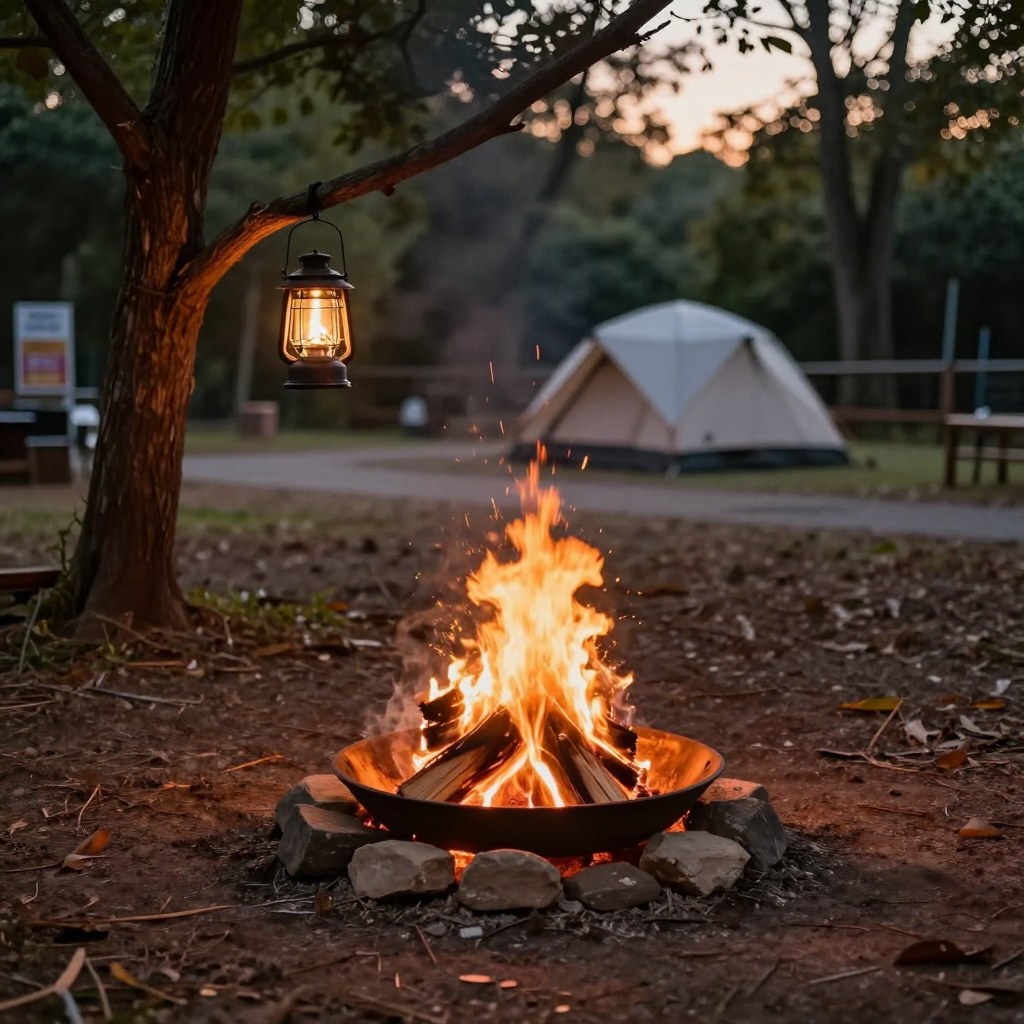 A campfire glowing at dusk with a lantern hanging on a low branch, tent visible in the background