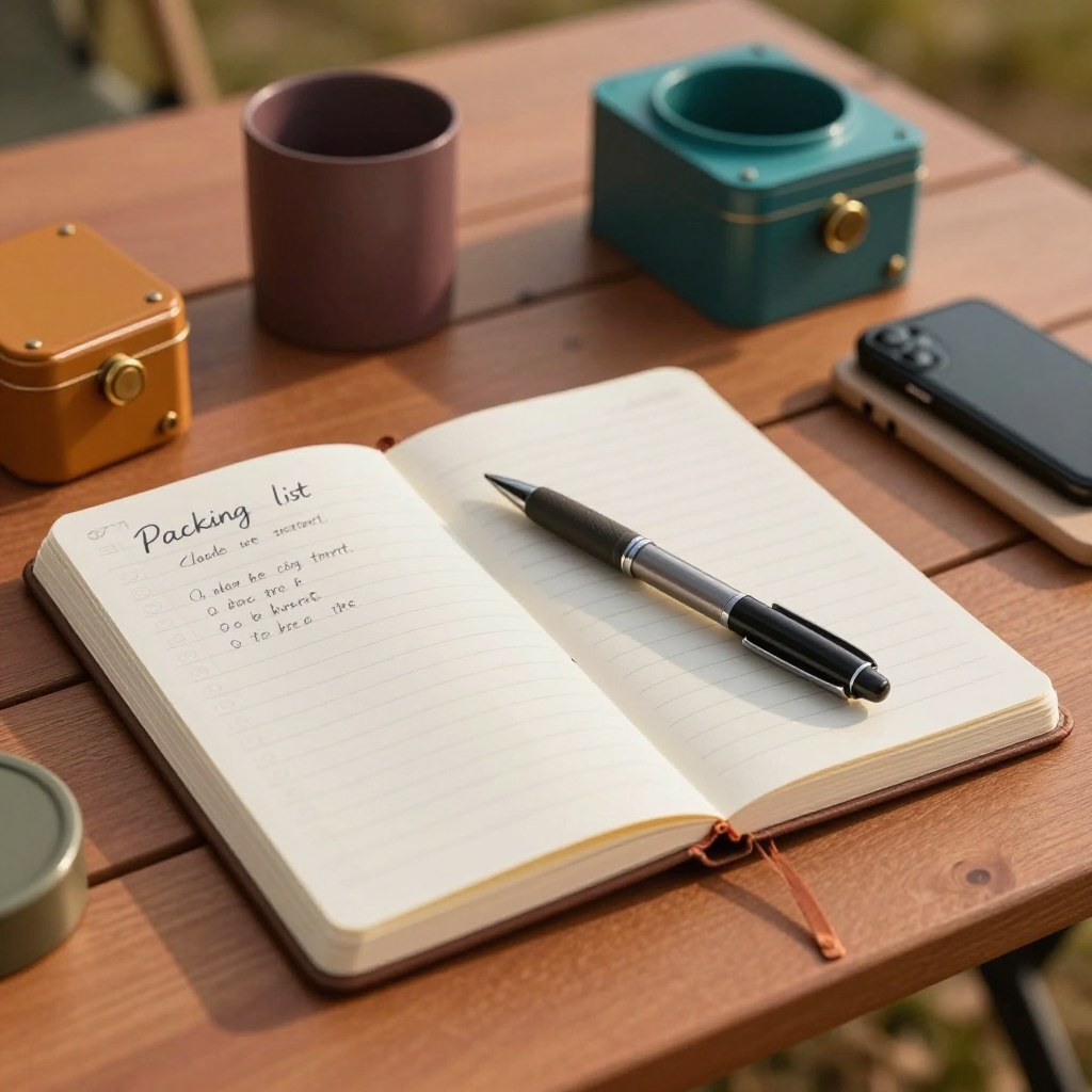 An open notebook with a handwritten packing list and a pen resting across it on a campsite table