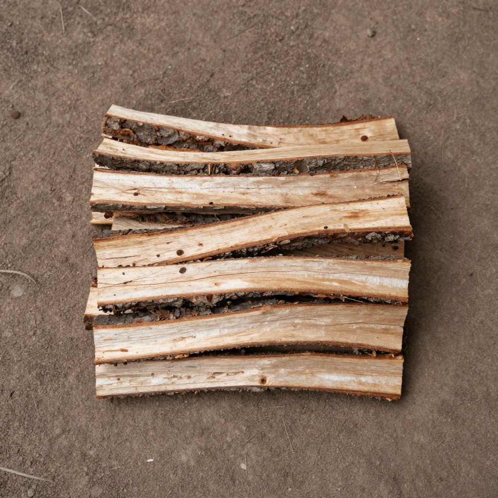 A neat stack of split firewood within arm's reach of the campfire pit at the forest campsite