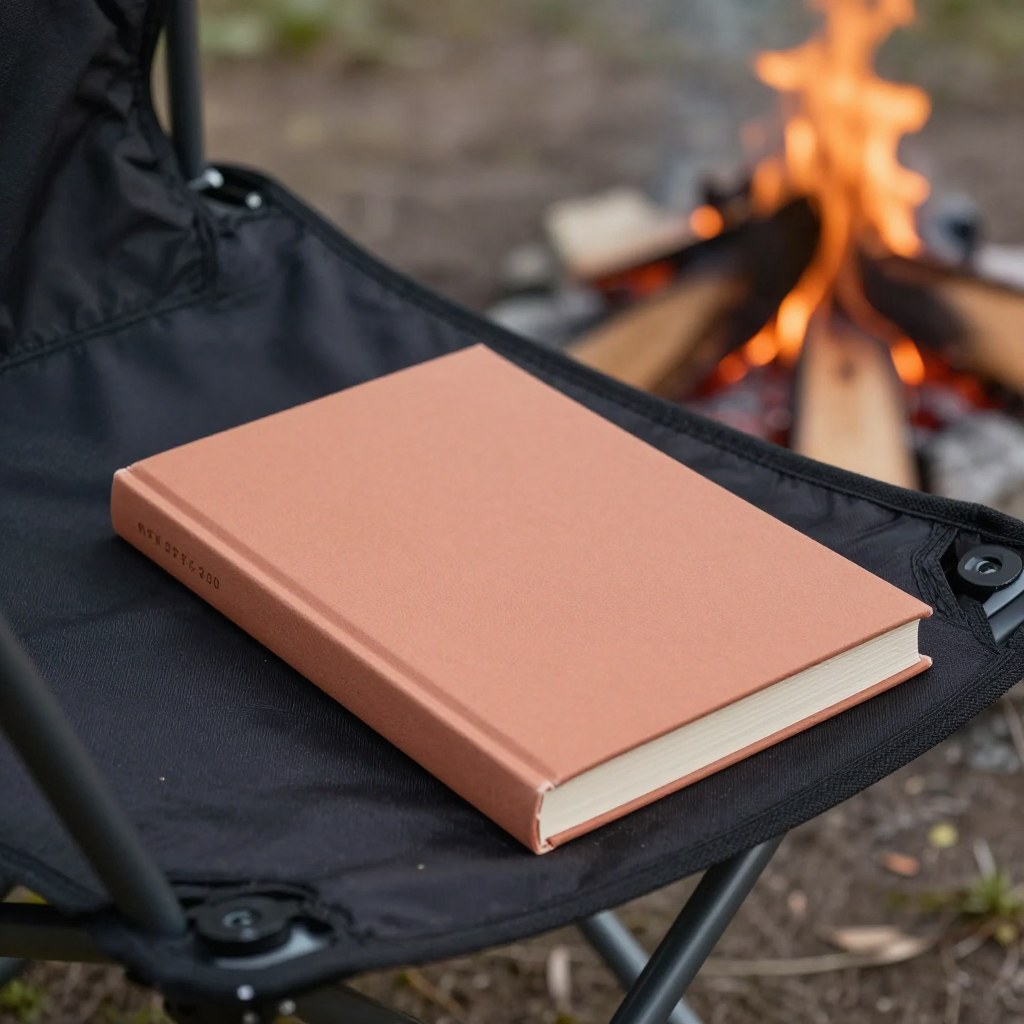 A closed paperback book resting unopened on a folding camp chair beside a low campfire