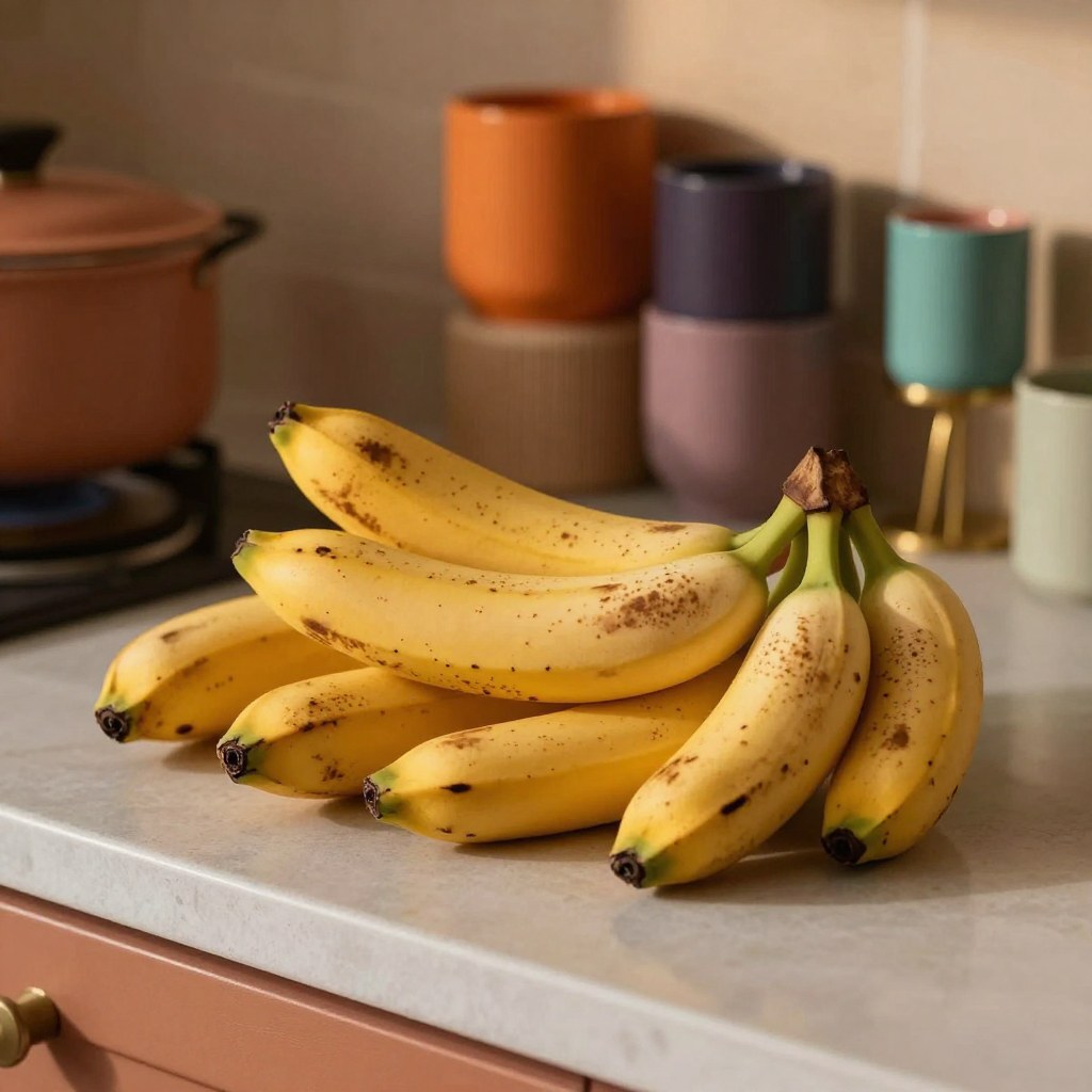 Six very ripe, heavily spotted bananas piled on a kitchen counter