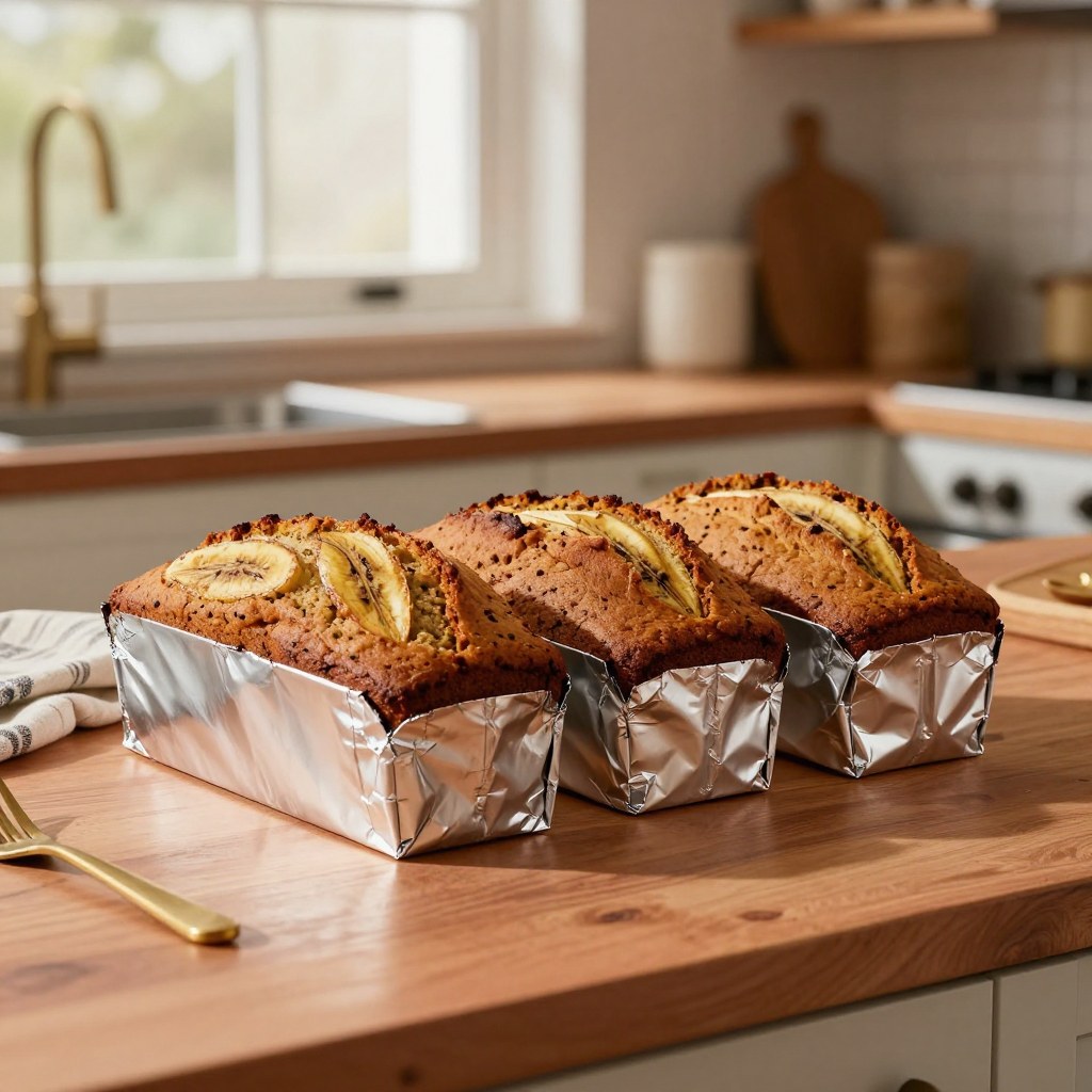 Four half-loaves of banana bread wrapped in foil, ready for delivery
