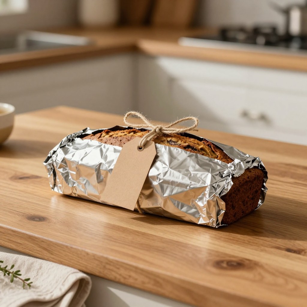 A foil-wrapped loaf of banana bread tied with kitchen twine and a small gift tag