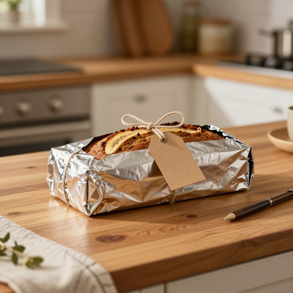 A handwritten paper gift tag tied to a foil-wrapped loaf of banana bread on a kitchen counter