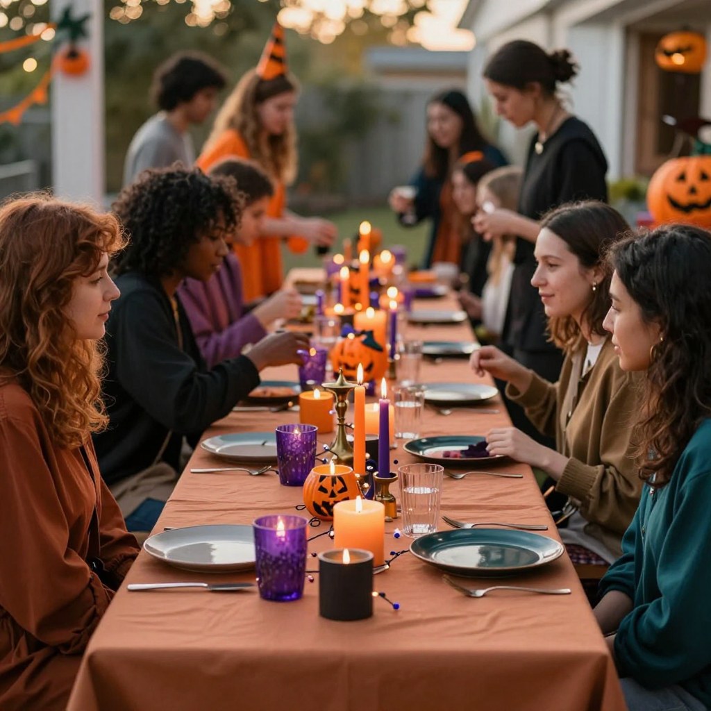 A Halloween party table decorated with candles and string lights in purple and orange, costumed guests mingling nearby
