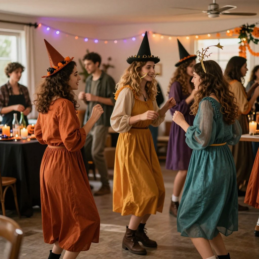 A small group of costumed Halloween party guests dancing and mingling near the drinks table