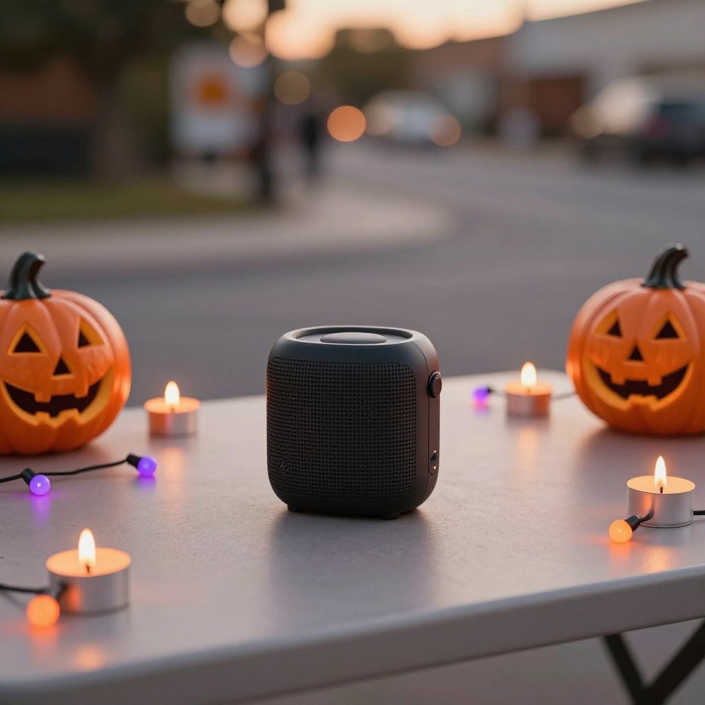 A small bluetooth speaker on a table at the Halloween party, surrounded by candles and string lights