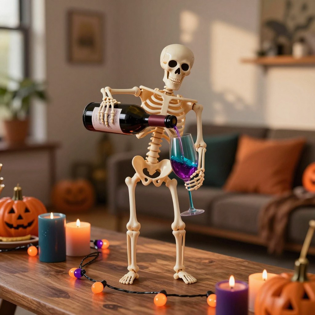 A plastic skeleton Halloween party prop posed pouring wine into a glass at a candlelit drinks table