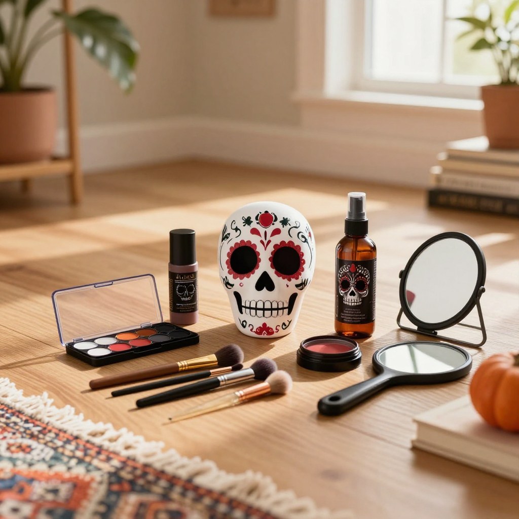 Sugar-skull face-paint supplies laid out on the floor: an open palette, makeup brushes, and a hand mirror