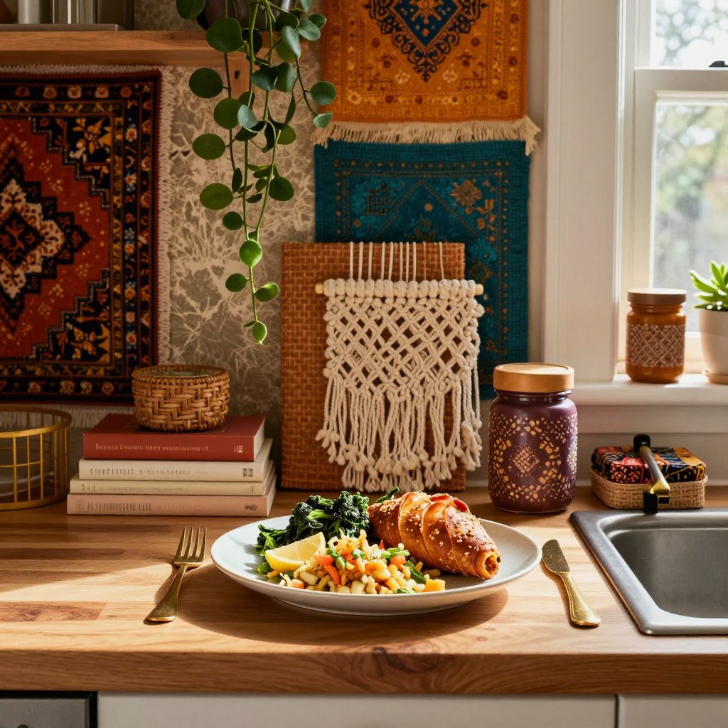 A complete plated meal at the kitchen table with only one pan, one cutting board, and one utensil visible