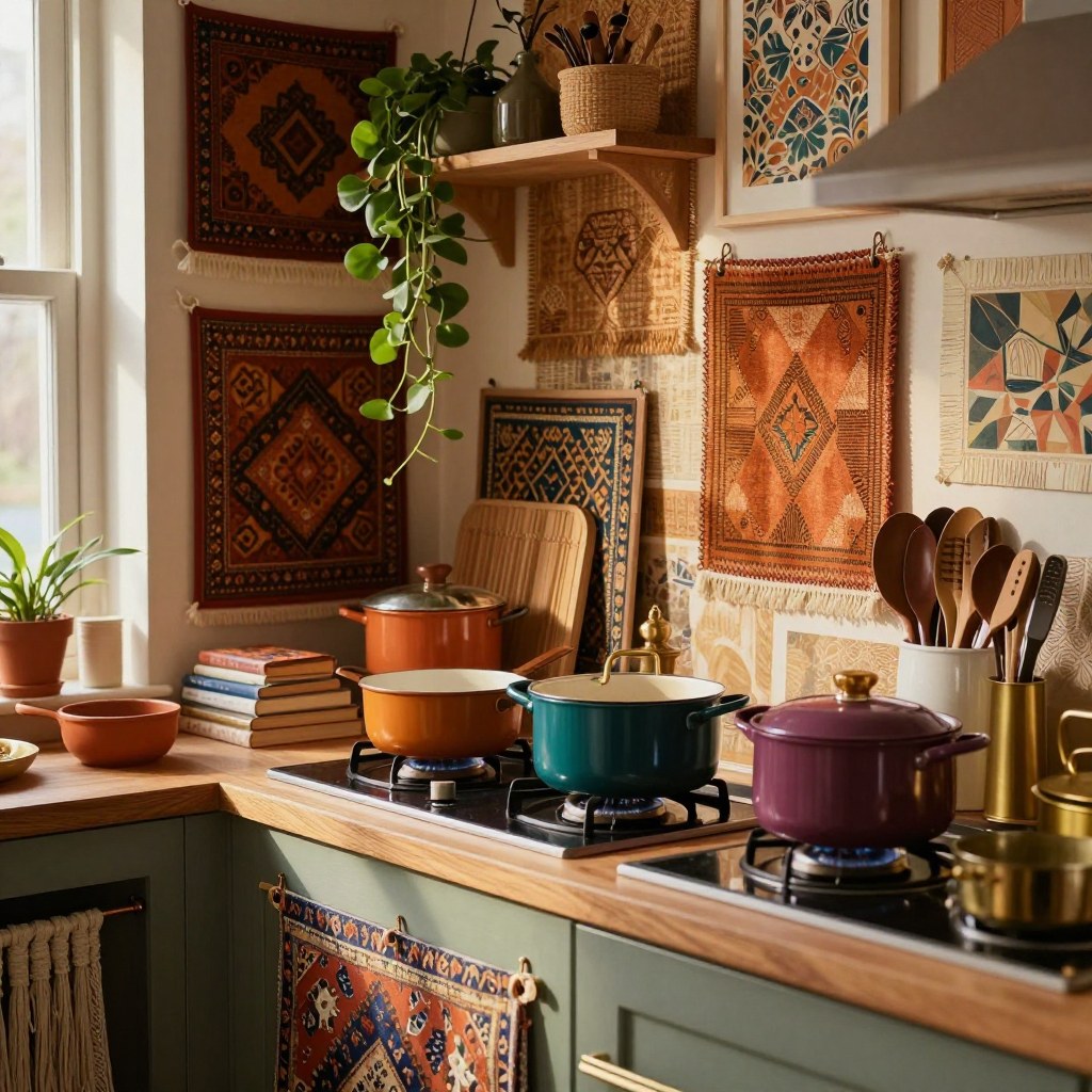 Tiny kitchen counter overwhelmed with a hissing pan, stacked cutting boards, and a bowl about to slide off the edge