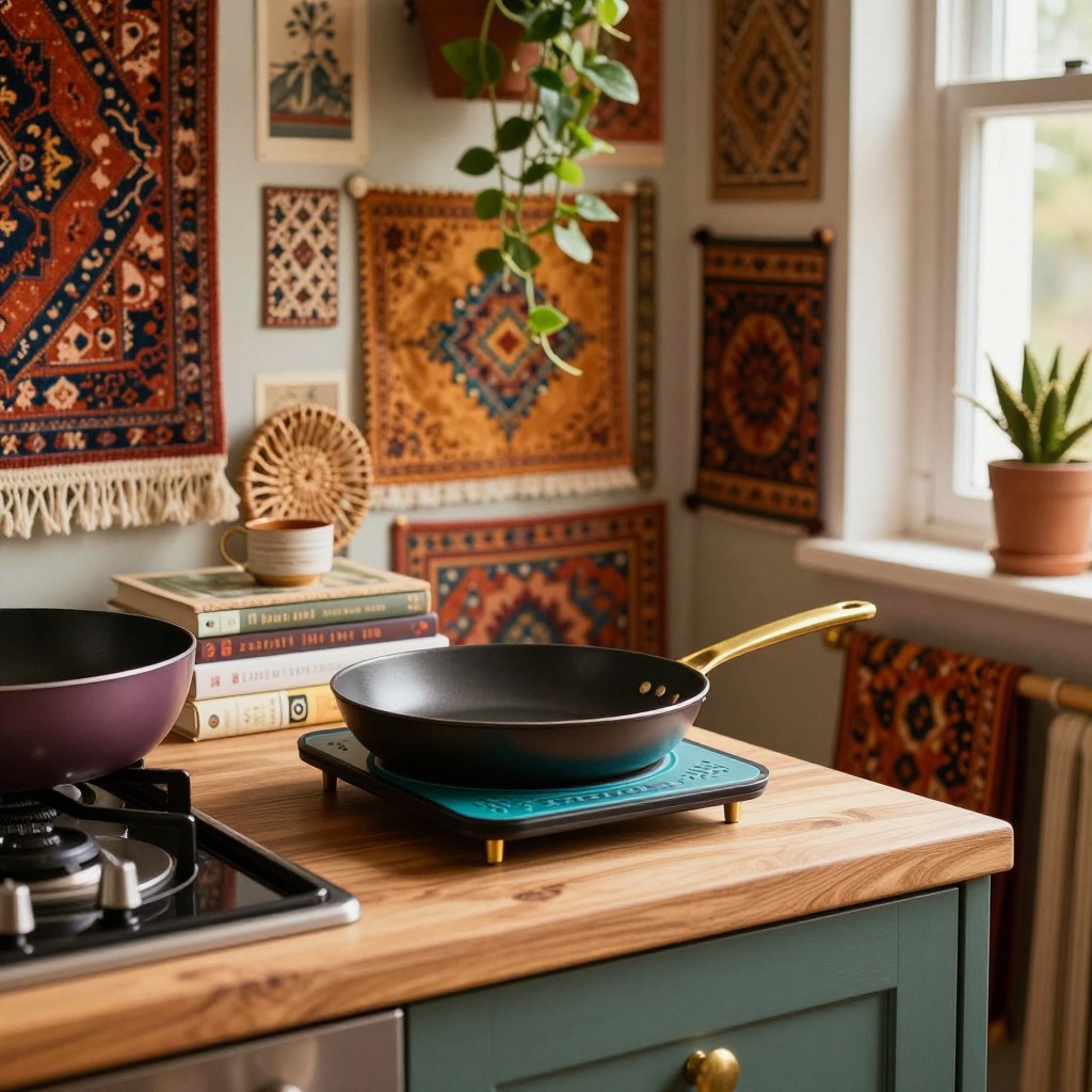 Setting a hot lidded pan onto a heat-safe trivet with the cutting board already pushed clear