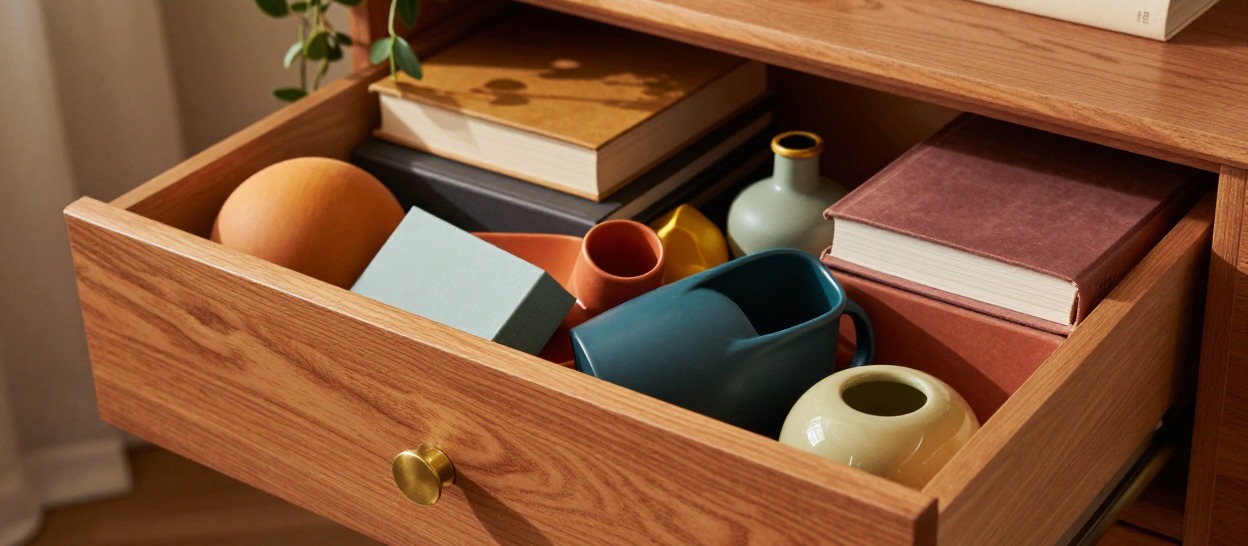 An overflowing drawer stuffed with household items that will not fully close.