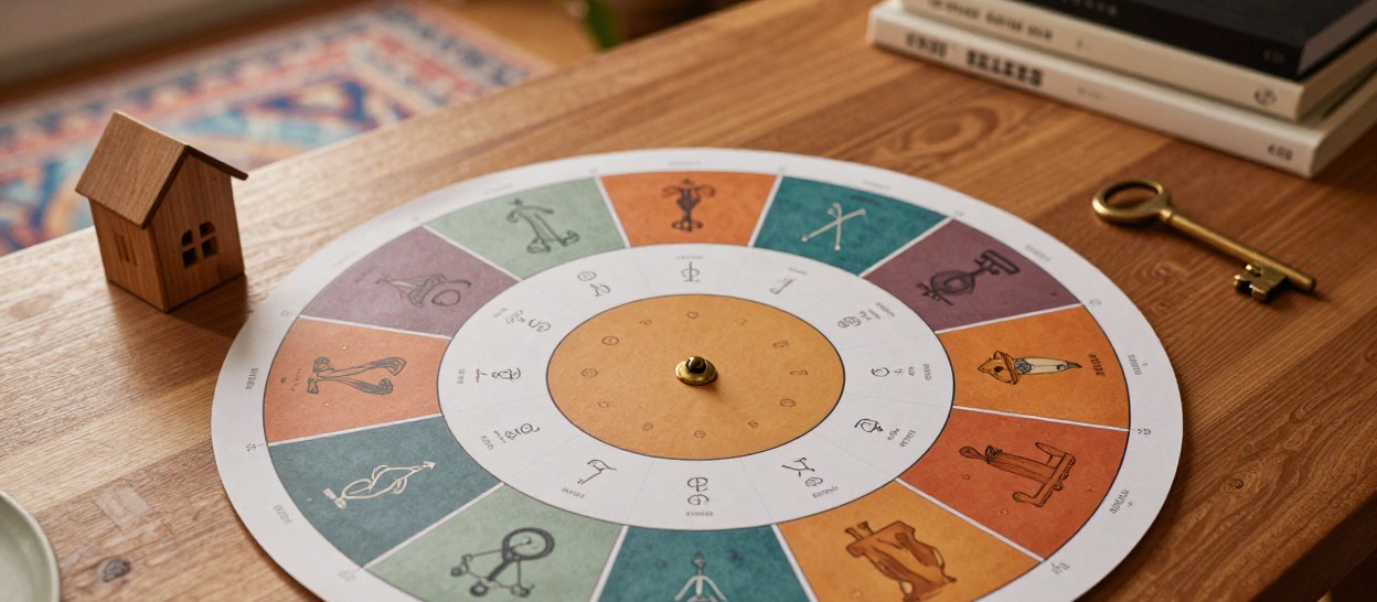 A zodiac wheel chart resting on a desk beside a small wooden house model and a brass key.