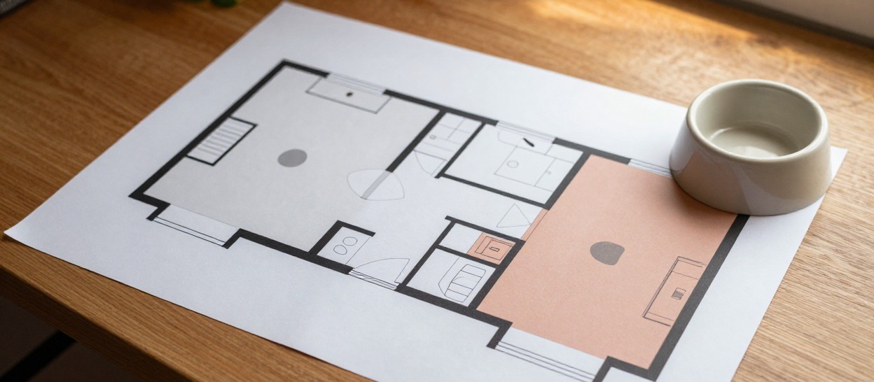 An apartment floor plan with colored zone overlays and a small pet food bowl resting on one corner.