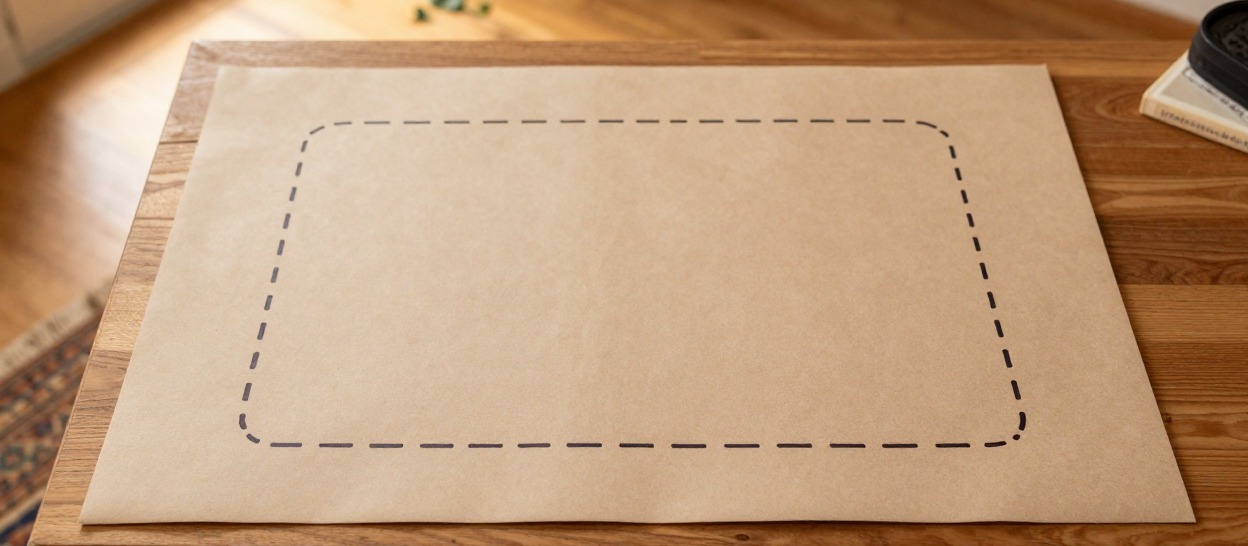 A paper template with a dashed-line footprint outline laid on a kitchen counter at the counter edge.