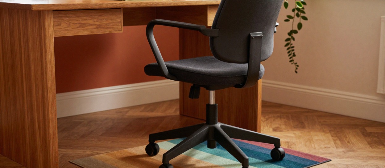 An office chair pulled up to a desk with a colored clearance mat visible on the floor underneath.