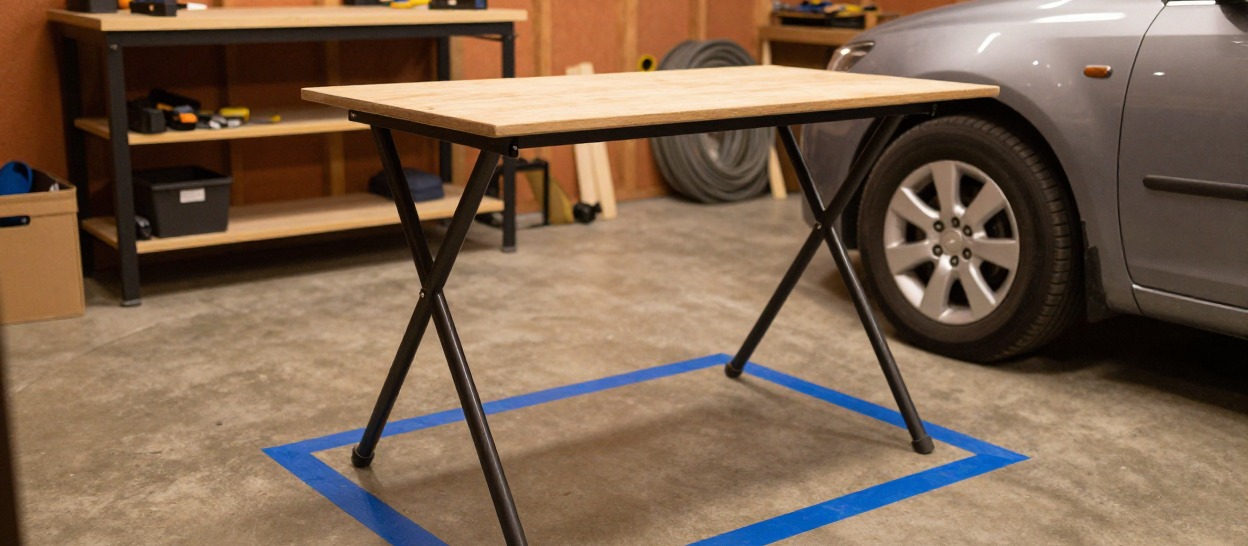 A fold-away workbench in a garage with its floor clearance marked in painter’s tape beside a parked car.