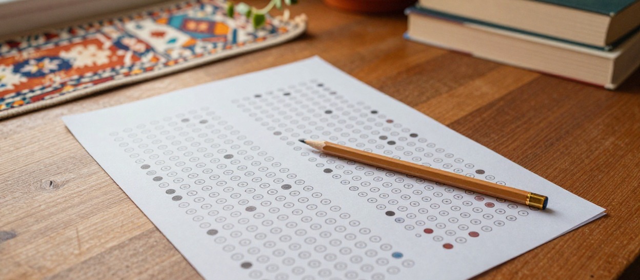 A multiple-choice quiz answer sheet with filled-in bubbles and a pencil resting on top.