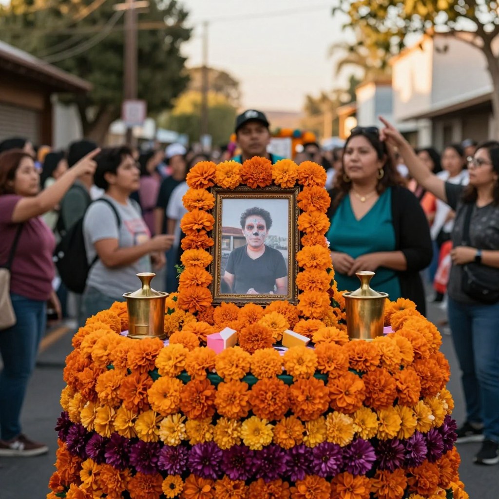 A Dia de Muertos parade float covered in marigold flowers with a framed photo, spectators watching nearby