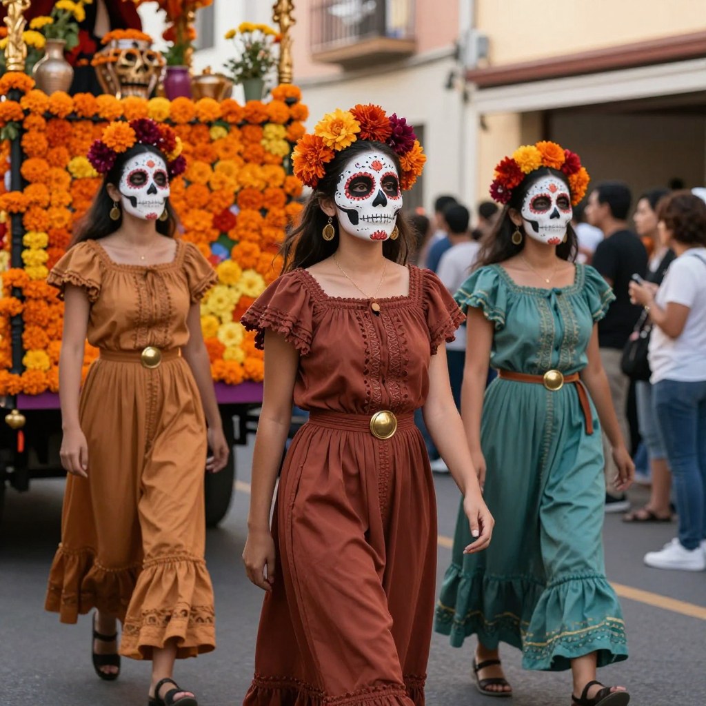 Calavera-costumed parade participants in traditional dress with painted sugar-skull face makeup