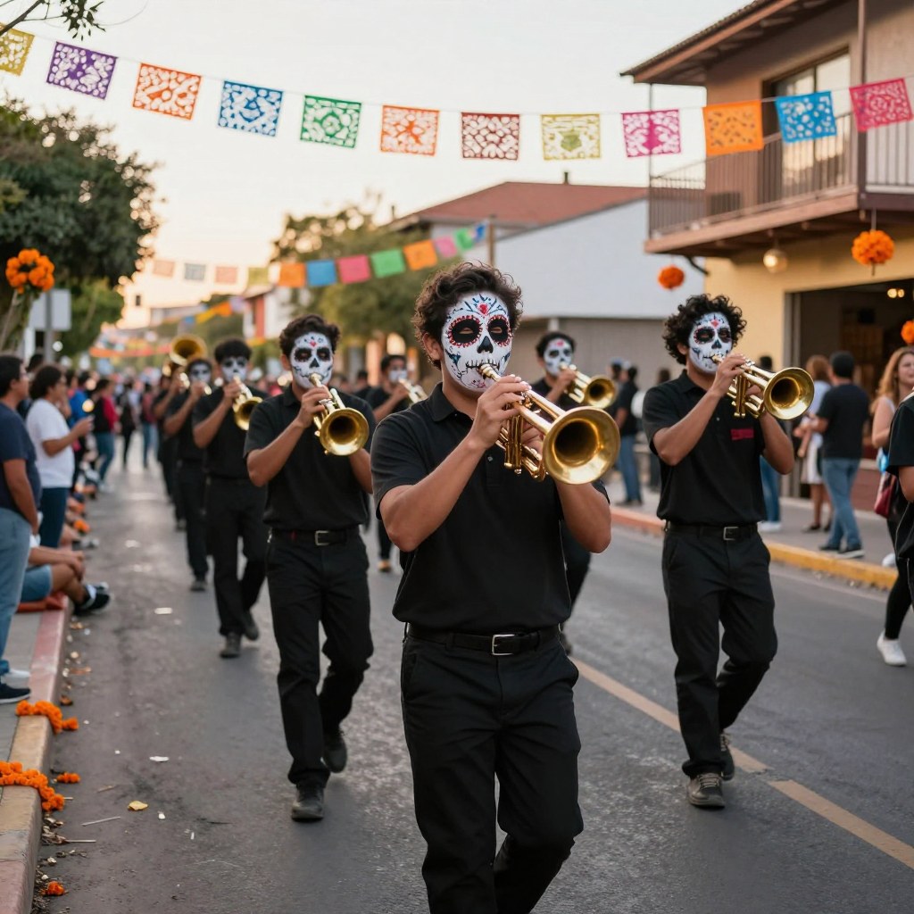 A brass band marching mid-parade in Dia de Muertos face paint under bright daytime sun, papel picado banners overhead