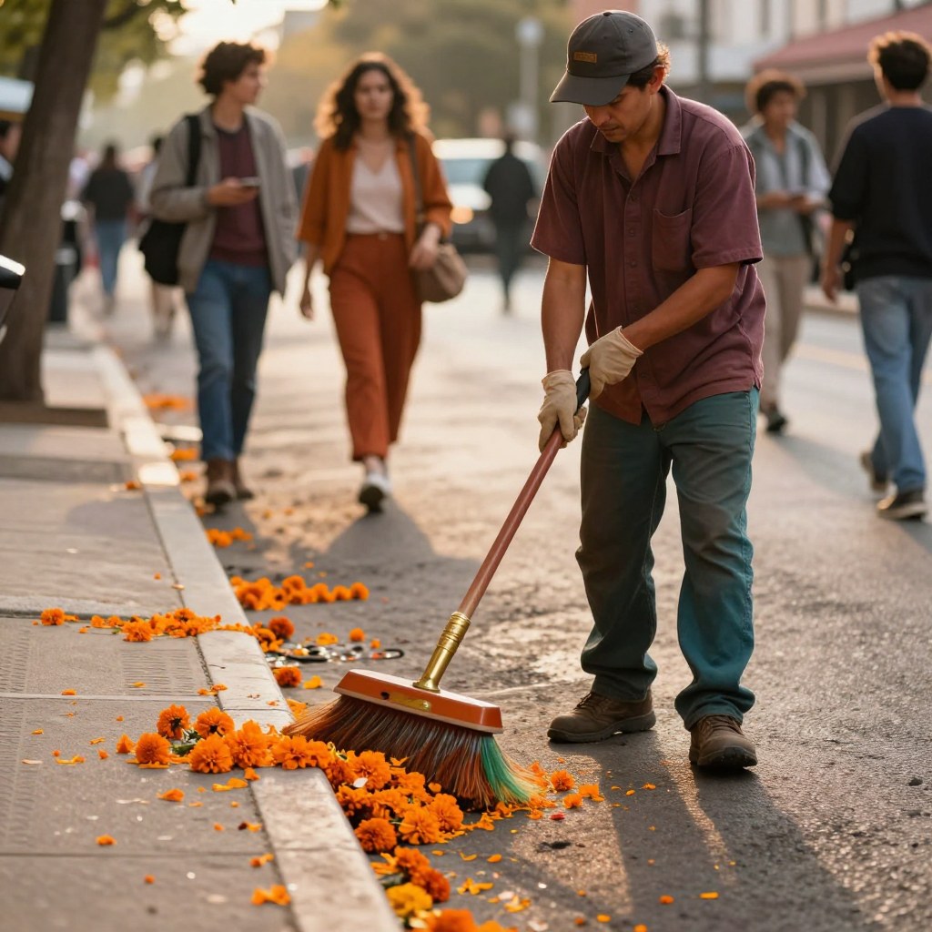A street cleanup worker sweeping scattered orange marigold petals off a sidewalk curb after the parade