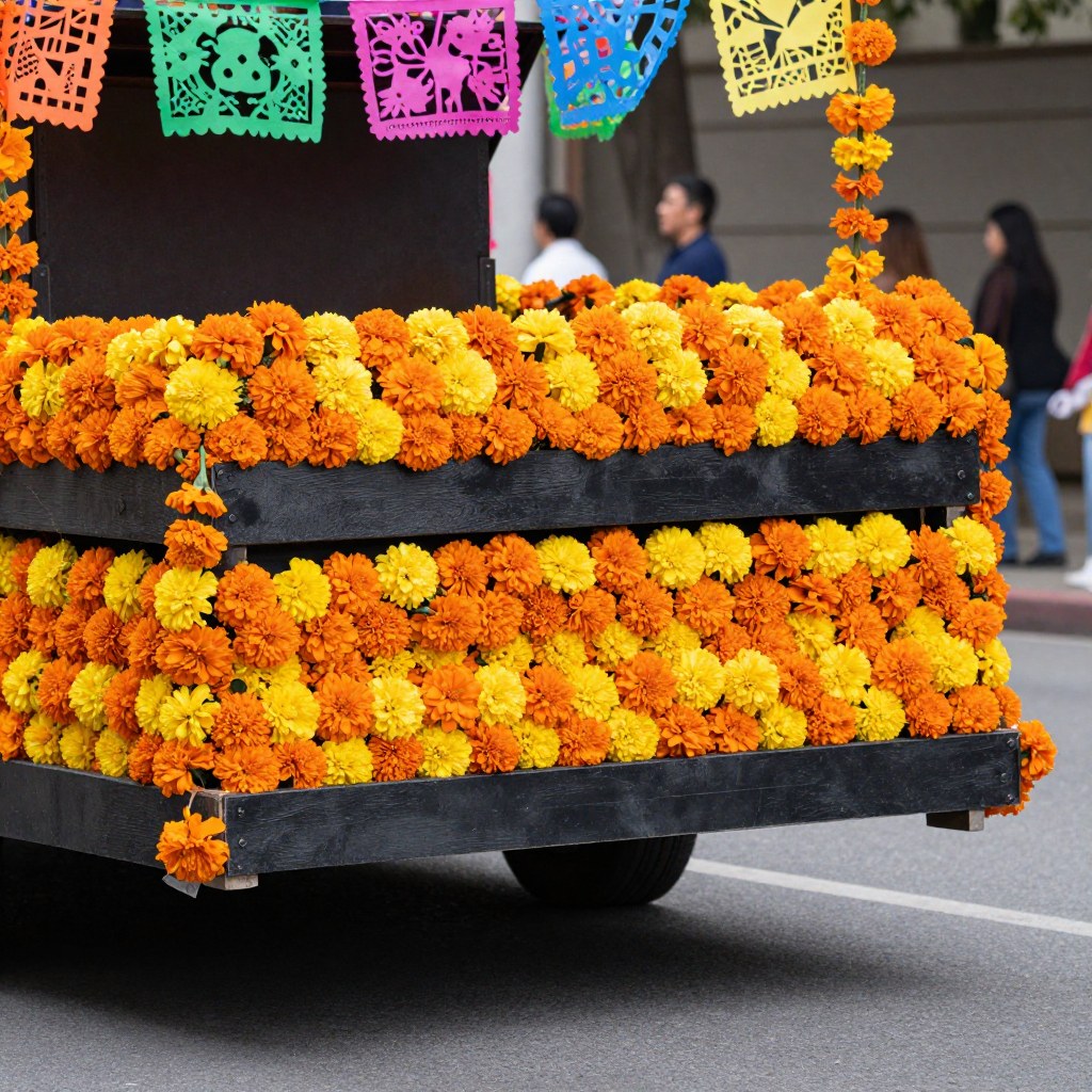 A close-up of dense orange and yellow marigold flowers covering the base of a parade float, papel picado banners overhead
