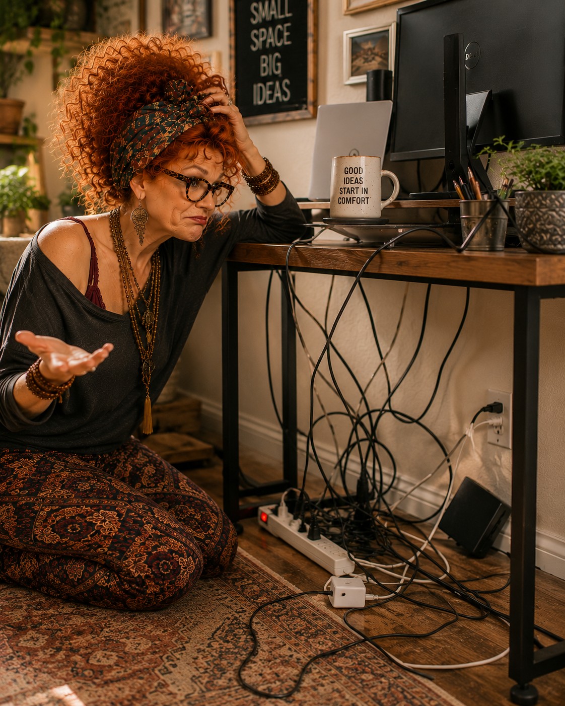 Winnie Hollowell beside a compact desk with a tangled power strip and loose cables on the floor.