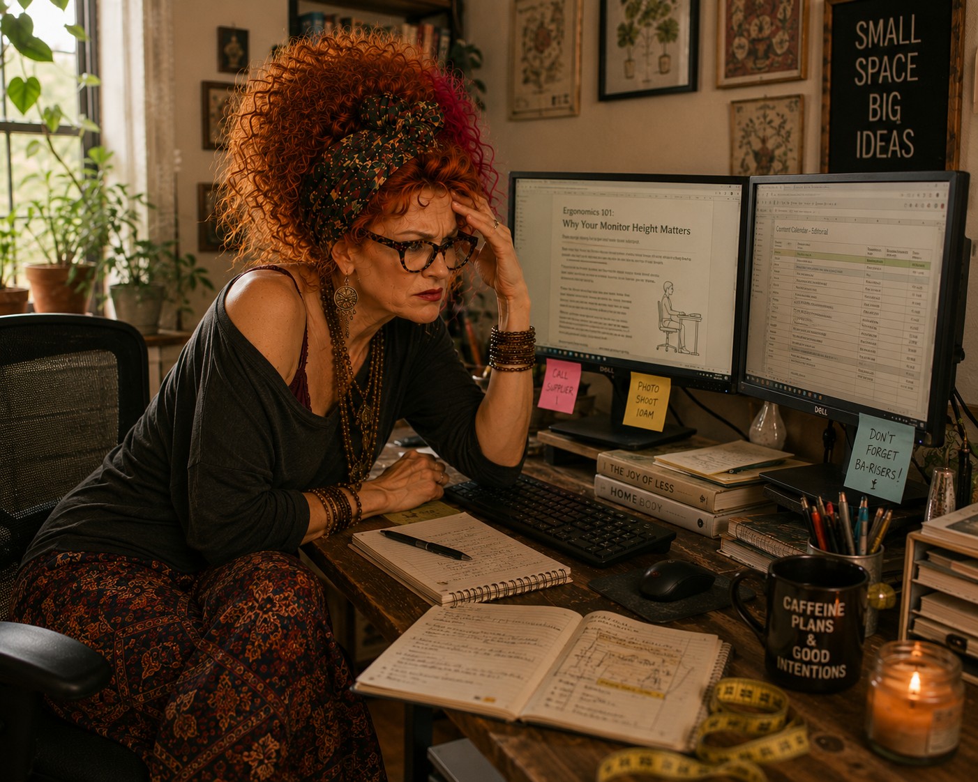 Winnie Hollowell at a compact desk with low monitors and loose cables before a small-space setup audit.