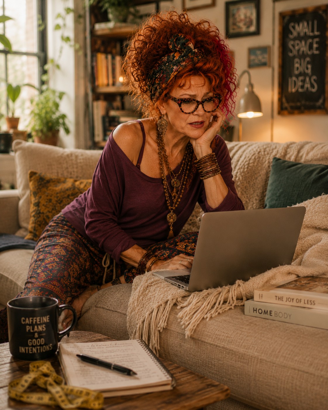 Winnie hunched over a bare laptop balanced directly on a couch cushion, no stand