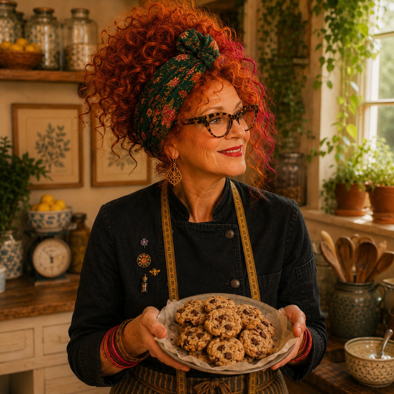 Winnie holding a plate of fresh-baked chocolate chip cookies in her kitchen