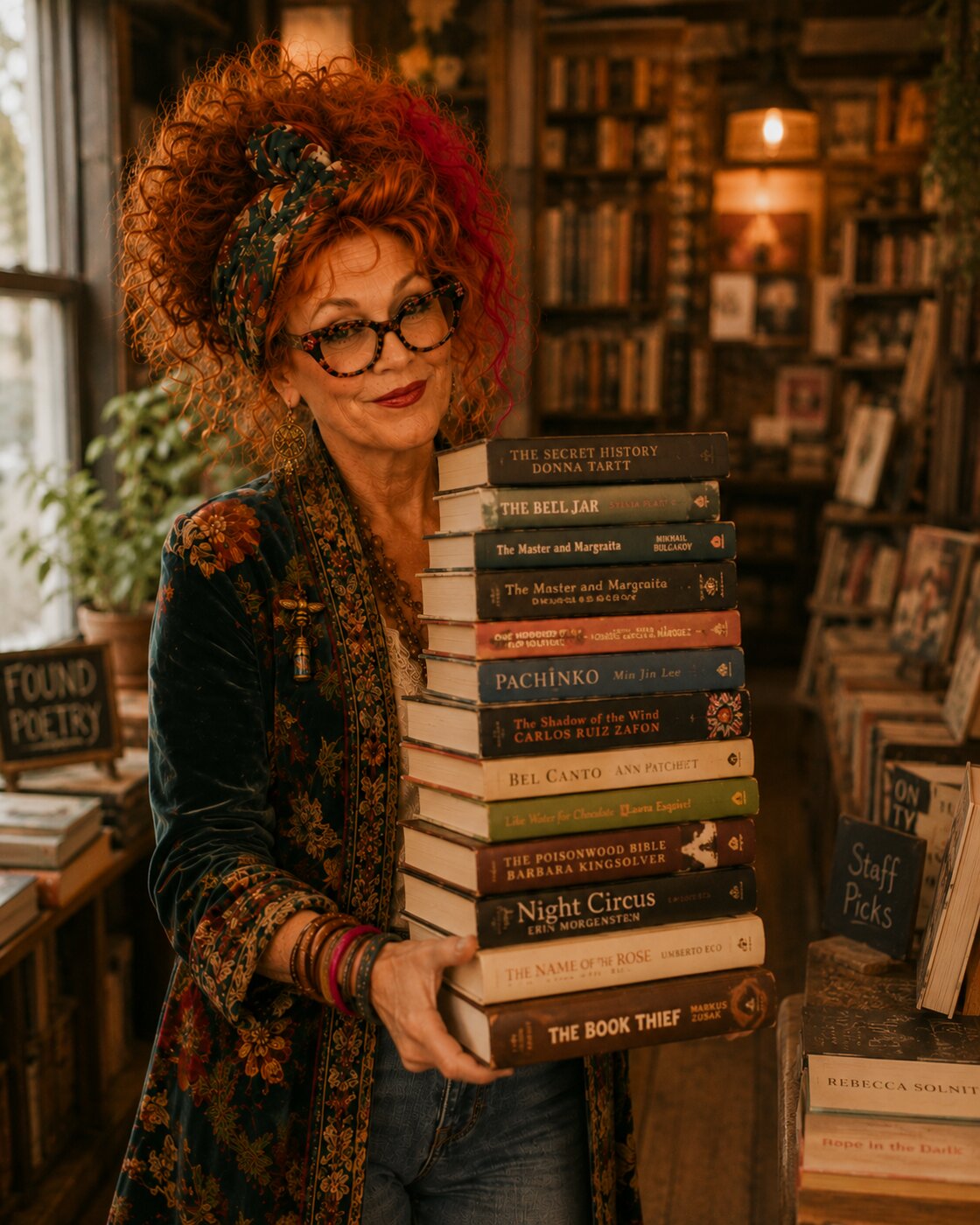 Winnie carrying a stack of books out of a bookstore