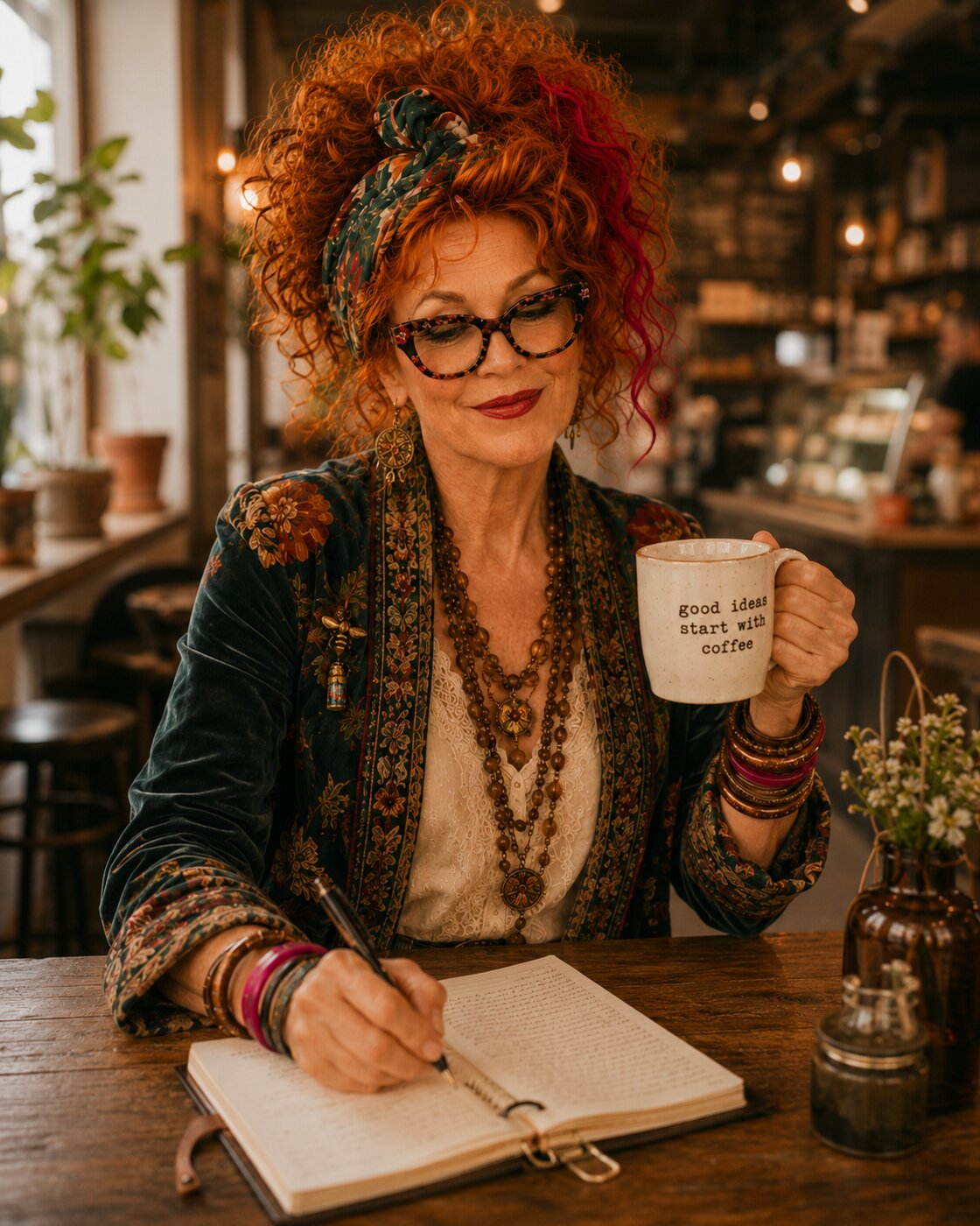 Winnie writing in a notebook at a cafe table with a mug of coffee