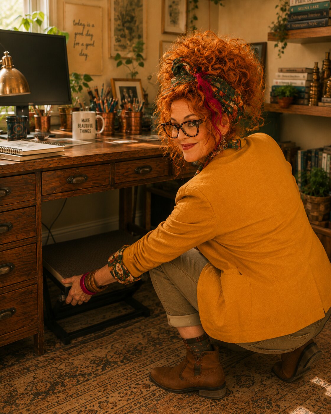 Winnie Hollowell illustrating best footrests for short people in a practical small-space home office setup.